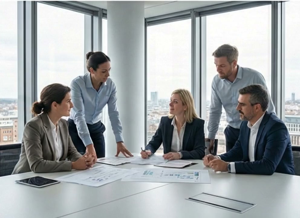 Multidisciplinary team discussion in a city office boardroom