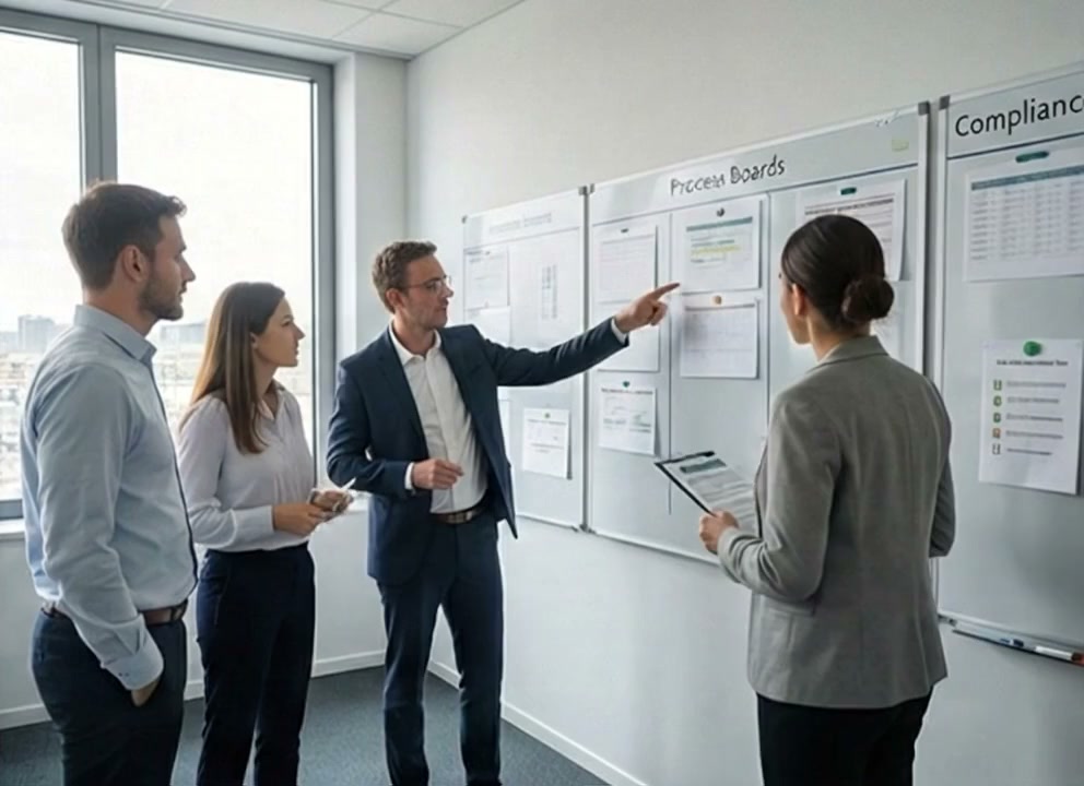 Team workshop with process boards and compliance planning